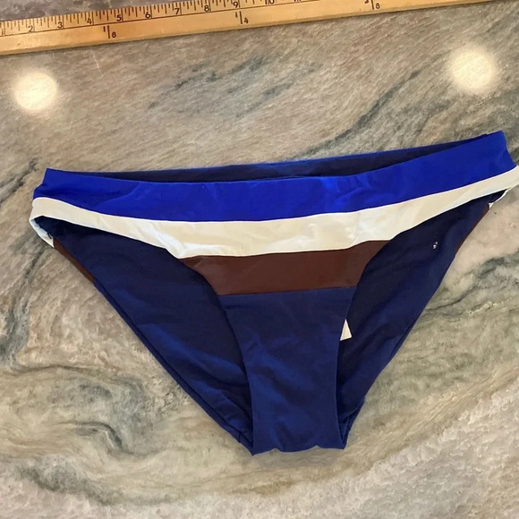 Becca navy striped bikini bottom size medium - Picture 1 of 12